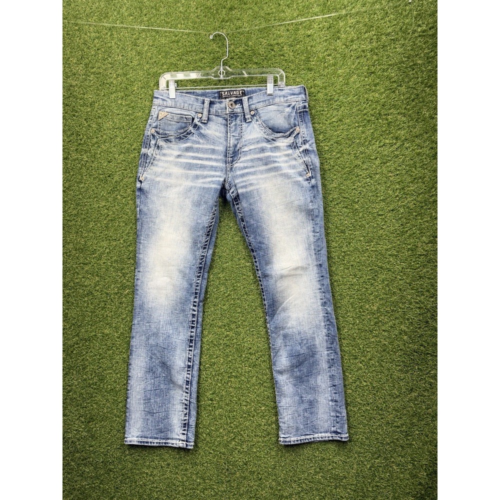 Salvage Mayhem Straight Jeans Mens 31 S Light Wash Denim Distressed Buckle y2k